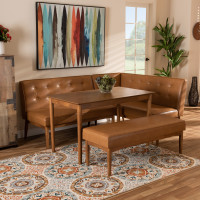 Baxton Studio BBT8051-Tan/Walnut-4PC Dining Nook Set Arvid Mid-Century Modern Tan Faux Leather Upholstered and Walnut Brown Finished Wood 4-Piece Dining Nook Set